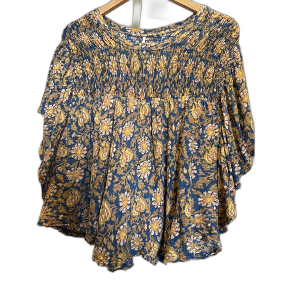 Free People Printed Ruffled Up Top Navy Combo Large - Boho